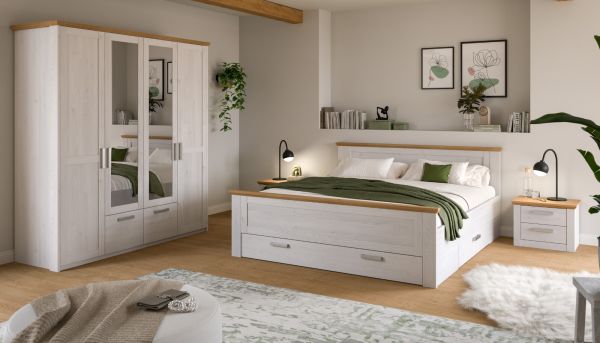 Kleiderschrank Mirano in Wei� L�rche mit Eiche, Landhaus Dreht�renschrank 4-t�rig mit Spiegel