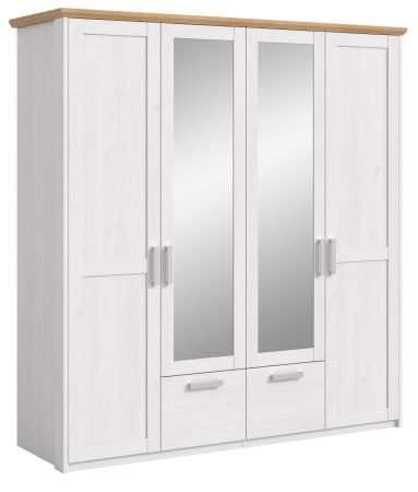 Kleiderschrank Mirano in Wei� L�rche mit Eiche, Landhaus Dreht�renschrank 4-t�rig mit Spiegel