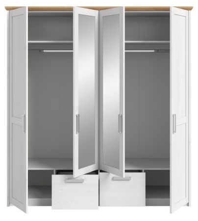 Kleiderschrank Mirano in Wei� L�rche mit Eiche, Landhaus Dreht�renschrank 4-t�rig mit Spiegel