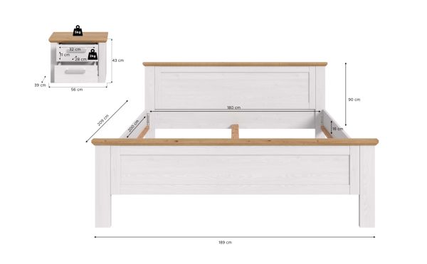 Schlafzimmer Mirano in wei� L�rche und Eiche Artisan Landhaus Set mit Bett Liegefl�che 180 x 200 cm und Nachttisch