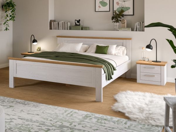 Schlafzimmer Mirano in wei� L�rche und Eiche Artisan Landhaus Set mit Bett Liegefl�che 180 x 200 cm und 2x Nachttisch