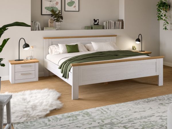 Schlafzimmer Mirano in wei� L�rche und Eiche Artisan Landhaus Set mit Bett Liegefl�che 180 x 200 cm und 2x Nachttisch