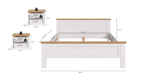 Schlafzimmer Mirano in wei� L�rche und Eiche Artisan Landhaus Set mit Bett Liegefl�che 180 x 200 cm und 2x Nachttisch