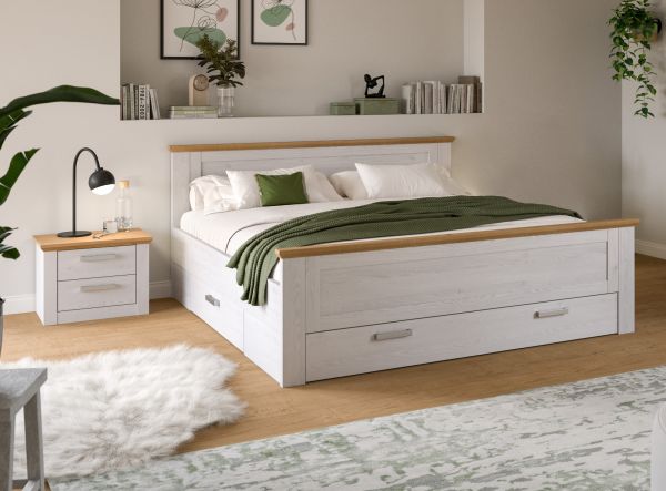 Schlafzimmer Mirano in wei� L�rche und Eiche Artisan Landhaus Set mit Bett Liegefl�che 180 x 200 cm und Nachttisch