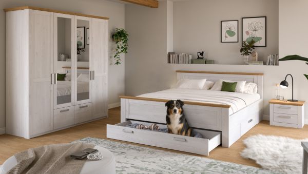 Schlafzimmer Mirano in wei� L�rche und Eiche Artisan Landhaus Set mit Bett Liegefl�che 180 x 200 cm und Nachttisch