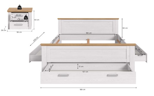 Schlafzimmer Mirano in wei� L�rche und Eiche Artisan Landhaus Set mit Bett Liegefl�che 180 x 200 cm und Nachttisch