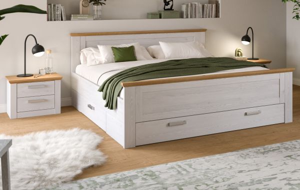 Schlafzimmer Mirano Wei� L�rche und Eiche Landhaus, Set Doppelbett inkl. 3x Bettschubkasten und 2x Nachttisch