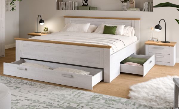Schlafzimmer Mirano Wei� L�rche und Eiche Landhaus, Set Doppelbett inkl. 3x Bettschubkasten und 2x Nachttisch
