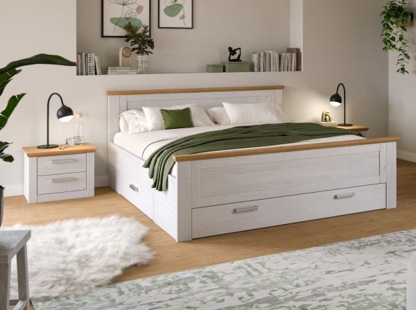 Schlafzimmer Mirano Wei� L�rche und Eiche Landhaus, Set Doppelbett inkl. 3x Bettschubkasten und 2x Nachttisch