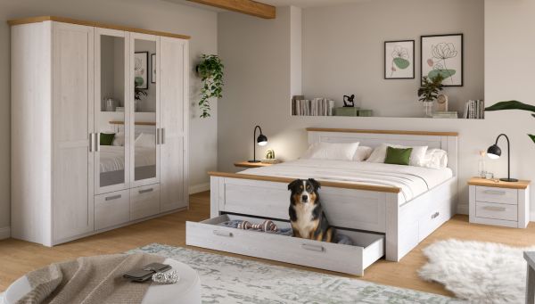 Schlafzimmer Mirano Wei� L�rche und Eiche Landhaus, Set Doppelbett inkl. 3x Bettschubkasten und 2x Nachttisch