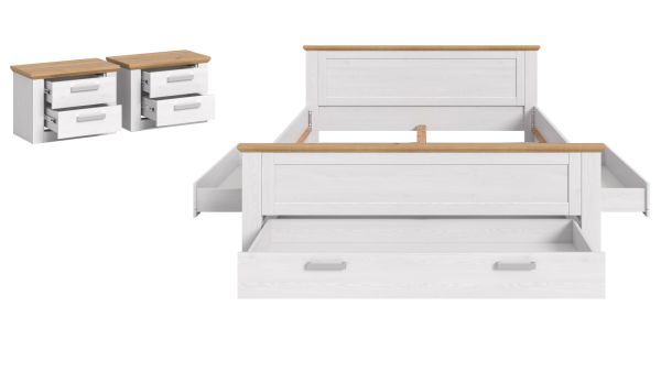 Schlafzimmer Mirano Wei� L�rche und Eiche Landhaus, Set Doppelbett inkl. 3x Bettschubkasten und 2x Nachttisch