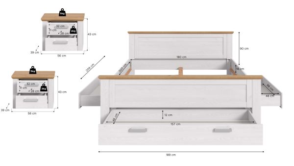 Schlafzimmer Mirano Wei� L�rche und Eiche Landhaus, Set Doppelbett inkl. 3x Bettschubkasten und 2x Nachttisch