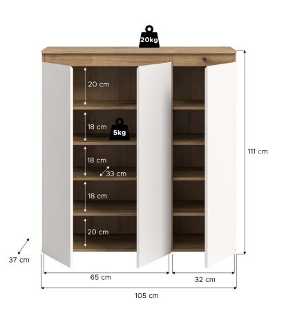 Kommode Assino in Wei� und Evoke Eiche 3-t�rig 105 x 111 cm, bis zu 10 F�cher