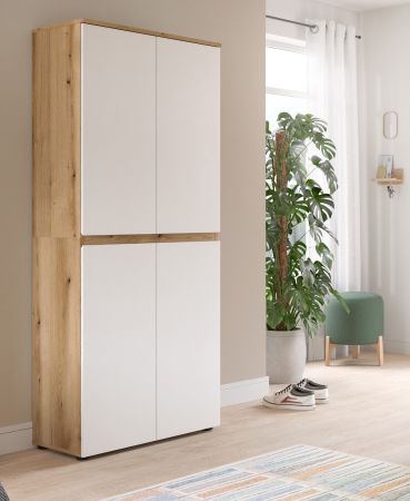 Mehrzweckschrank Assino in Wei� und Eiche, 4-t�rig 70 x 175 cm mit 7 B�den und Kleiderstange