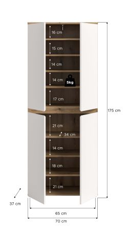 Mehrzweckschrank Assino in Wei� und Eiche, 4-t�rig 70 x 175 cm mit 7 B�den und Kleiderstange