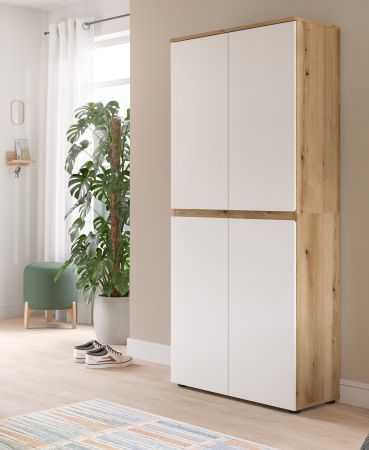 Mehrzweckschrank Assino in Wei� und Eiche, 4-t�rig 70 x 175 cm mit 7 B�den und Kleiderstange