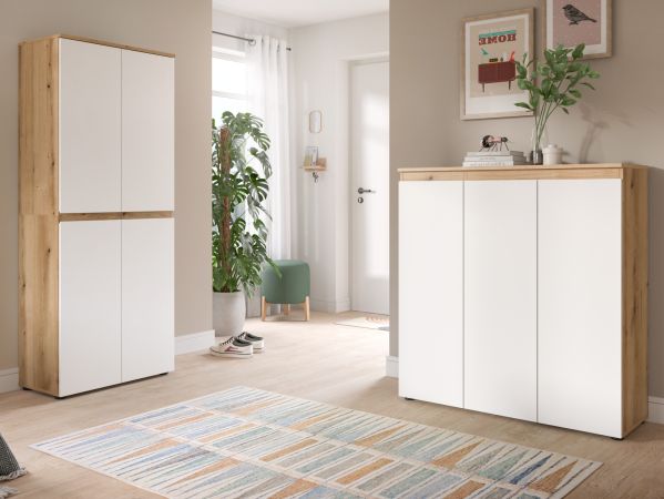 Mehrzweckschrank Assino in Wei� und Eiche, 4-t�rig 70 x 175 cm mit 7 B�den und Kleiderstange