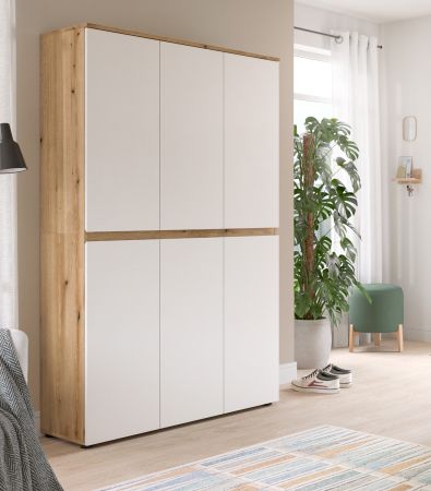 Mehrzweckschrank Assino in Wei� und Eiche, 6-t�rig 105 x 175 cm mit 14 Einlegeb�den und Kleiderstange
