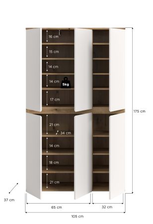 Mehrzweckschrank Assino in Wei� und Eiche, 6-t�rig 105 x 175 cm mit 14 Einlegeb�den und Kleiderstange