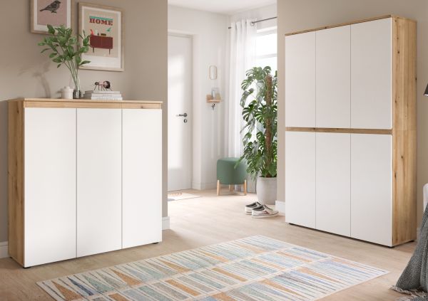 Mehrzweckschrank Assino in Wei� und Eiche, 6-t�rig 105 x 175 cm mit 14 Einlegeb�den und Kleiderstange