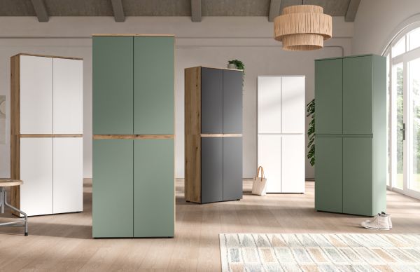 Mehrzweckschrank Assino in Wei� und Eiche, 6-t�rig 105 x 175 cm mit 14 Einlegeb�den und Kleiderstange