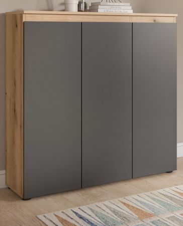 Kommode Assino in Grau und Eiche, 3-t�rig 105 x 111 cm mit 8 Einlegeb�den