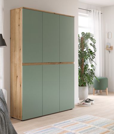 Mehrzweckschrank Assino in Gr�n und Eiche, 6-t�rig 105 x 175 cm mit 14 Einlegeb�den und Kleiderstange