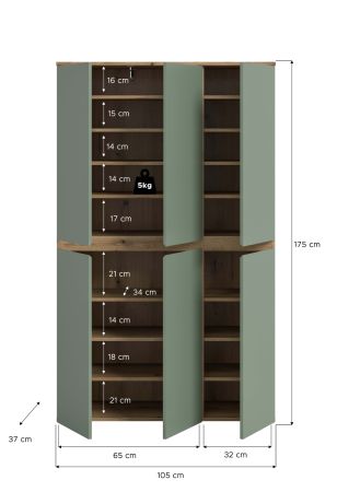 Mehrzweckschrank Assino in Gr�n und Eiche, 6-t�rig 105 x 175 cm mit 14 Einlegeb�den und Kleiderstange