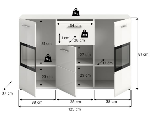Sideboard Cover in wei� Hochglanz Vitrine 125 x 81 cm