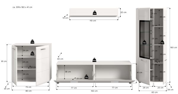 Wohnwand Cover in wei� Hochglanz 4-teilig 330 x 160 cm