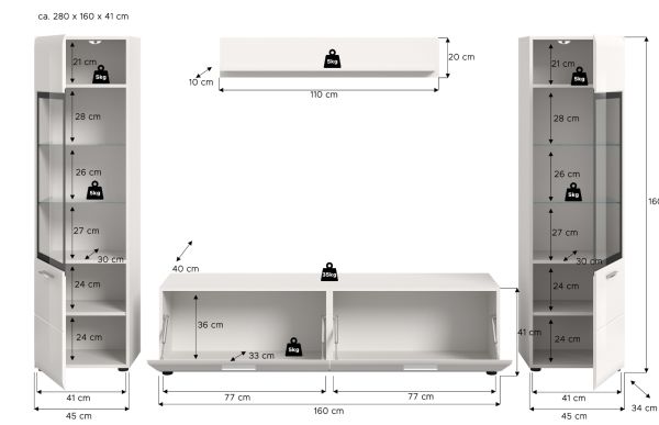 Wohnwand Cover in wei� Hochglanz 4-teilig 280 x 160 cm