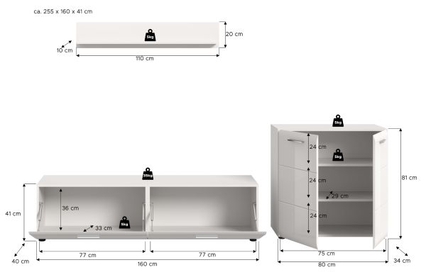 Wohnwand Cover in wei� Hochglanz 3-teilig 255 x 160 cm