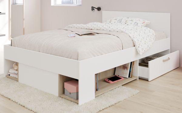 Stauraumbett Mika in wei� und Eiche Funktionsbett mit Bettschubkasten Set Liegefl�che 120 x 200 cm