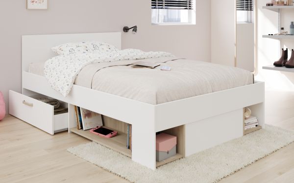 Stauraumbett Mika in wei� und Eiche Funktionsbett mit Bettschubkasten Set Liegefl�che 120 x 200 cm