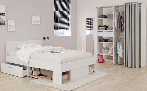 Kinder- und Jugendzimmer Mika in wei� und Eiche Set 2-teilig, Stauraumbett und Kleiderschrank