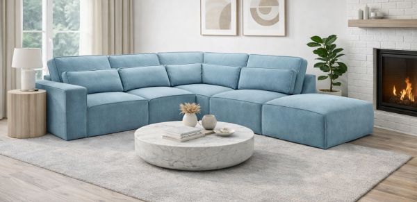 Sofa Pargola in hellblau Webstoff Ecksofa 4-Sitzer 305 x 281 cm