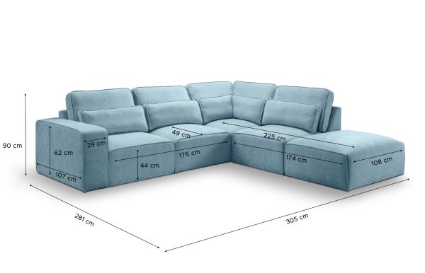 Sofa Pargola in hellblau Webstoff Ecksofa 4-Sitzer 305 x 281 cm