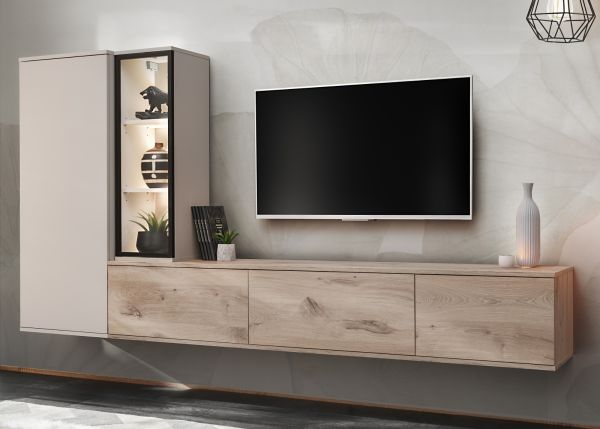 Wohnwand Askim in Viking Eiche und Kaschmir, h�ngend 240 cm mit Push-To-Open, inkl. Beleuchtung