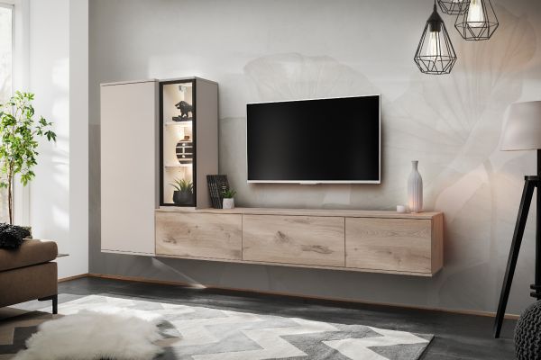 Wohnwand Askim in Viking Eiche und Kaschmir, h�ngend 240 cm mit Push-To-Open, inkl. Beleuchtung