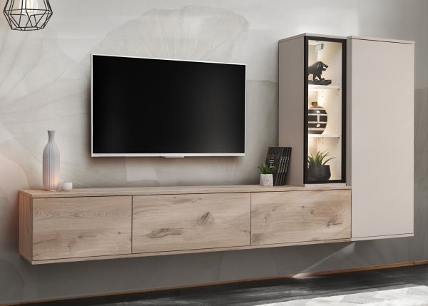 Wohnwand Askim in Viking Eiche und Kaschmir, h�ngend 240 cm mit Push-To-Open, inkl. Beleuchtung