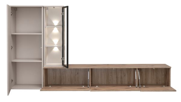 Wohnwand Askim in Viking Eiche und Kaschmir, h�ngend 240 cm mit Push-To-Open, inkl. Beleuchtung