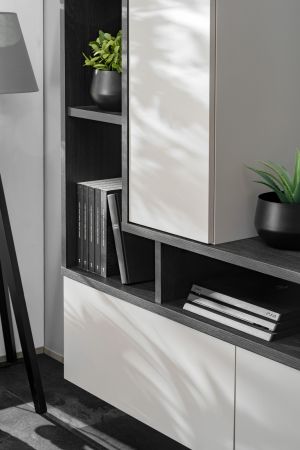 Wohnwand Askim in Kaschmir und Graphit Eiche, Schrankwand h�ngend 210 cm mit Push-to-Open
