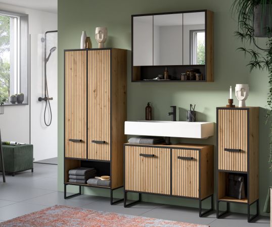 Badezimmer Spiegelschrank Scana in Artisan Eiche und schwarz Badschrank 3-t�rig 80 cm, Soft-Close