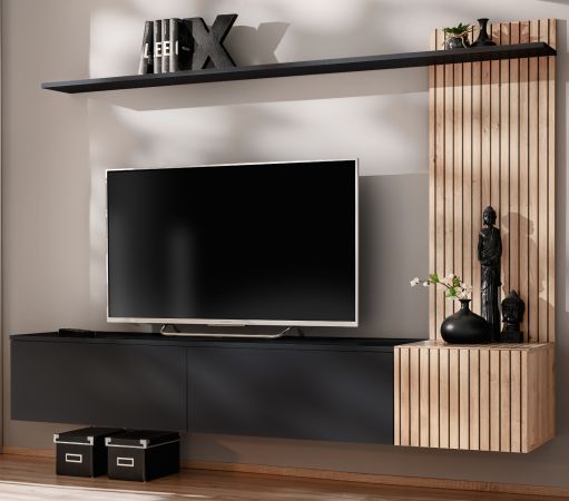 Wohnwand Madina Schwarz matt und Eiche,  Schrankwand h�ngend 180 cm mit Push-to-Open