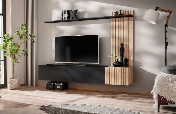 Wohnwand Madina Schwarz matt und Eiche,  Schrankwand h�ngend 180 cm mit Push-to-Open