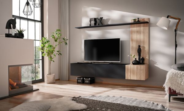 Wohnwand Madina Schwarz matt und Eiche,  Schrankwand h�ngend 180 cm mit Push-to-Open