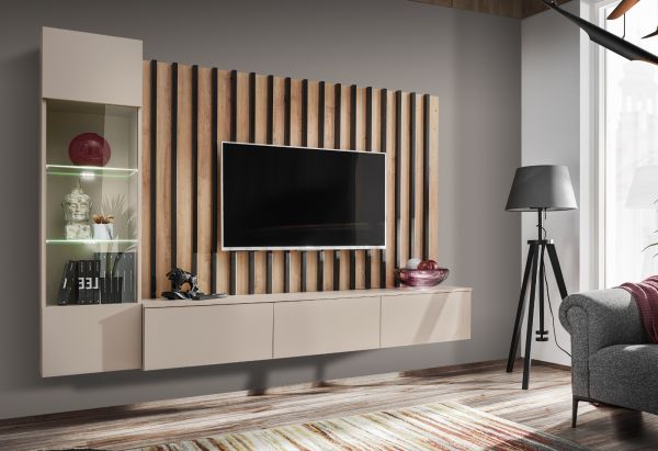 Wohnwand Pearl in Kaschmir und Artisan Eiche Schrankwand 220 cm inklusive LED Beleuchtung, Push-to-Open