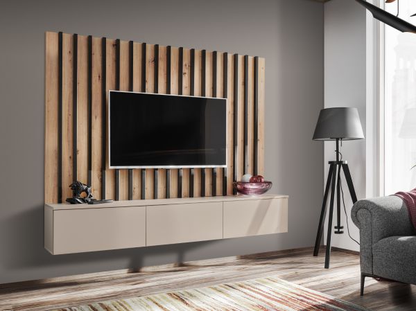 TV-Lowboard Set Pearl in Kaschmir und Artisan Eiche TV Unterteil mit Akustikpaneele 180 cm, Push-to-Open