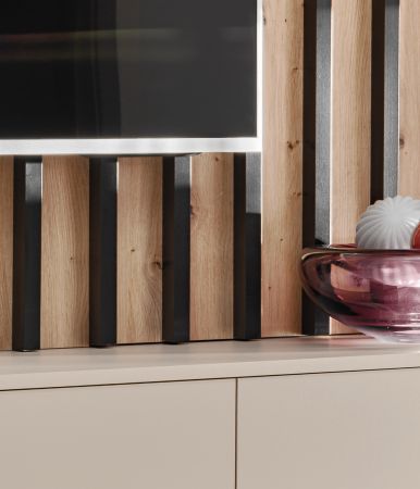 TV-Lowboard Set Pearl in Kaschmir und Artisan Eiche TV Unterteil mit Akustikpaneele 180 cm, Push-to-Open