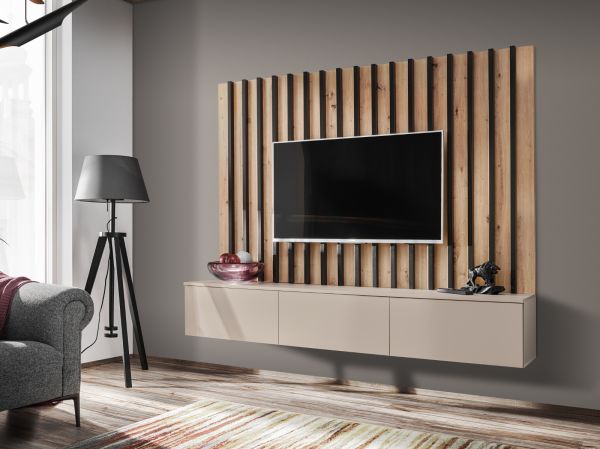 TV-Lowboard Set Pearl in Kaschmir und Artisan Eiche TV Unterteil mit Akustikpaneele 180 cm, Push-to-Open